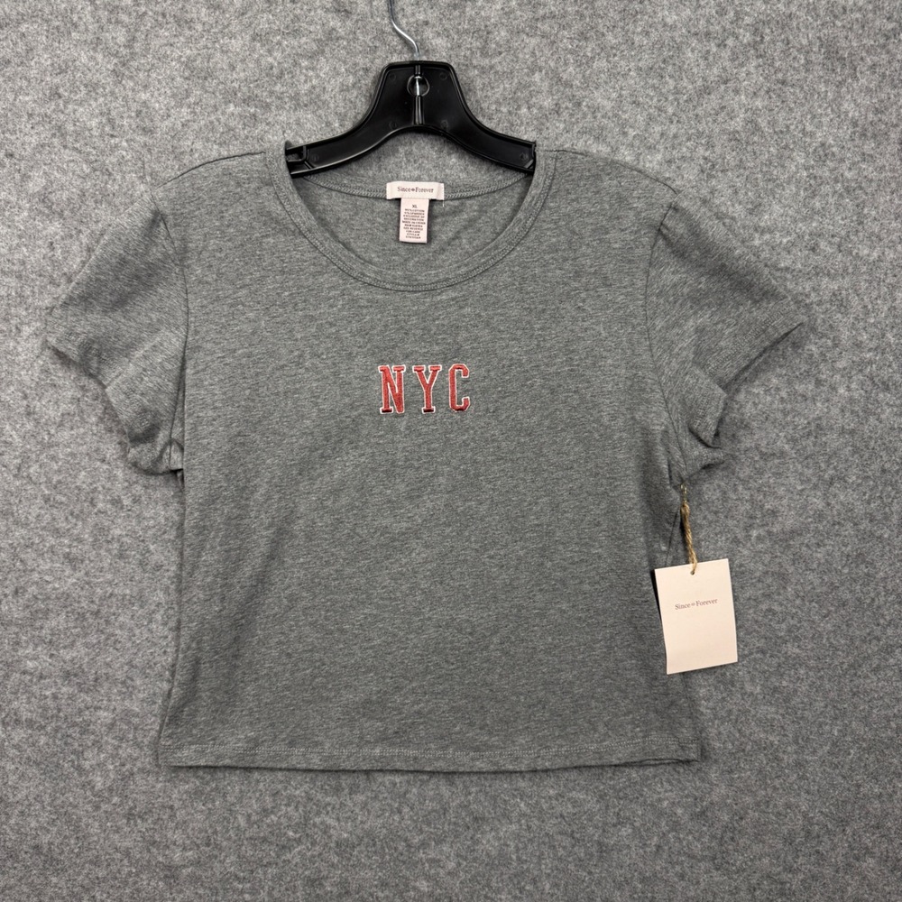 Since‎ Forever Women XL Gray NYC Embroidered Baby Tee Cropped T-Shirt NWT